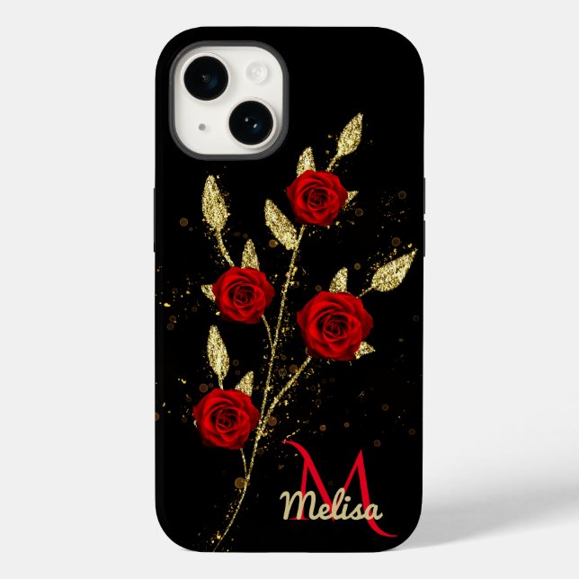 Chic faux Gold Glitter Leaves Red Rose monogram Ca Case-Mate iPhone Case (Back)