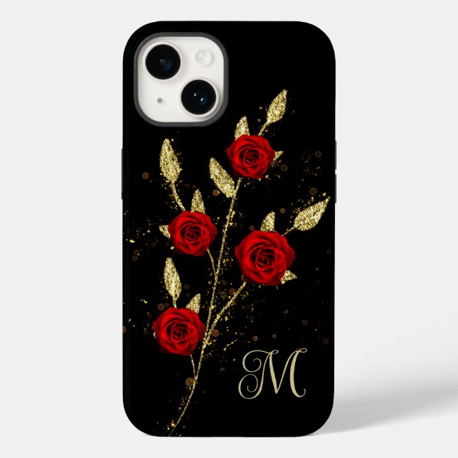 Chic faux Gold Glitter Leaves Red Rose monogram Case-Mate iPhone Case (Back)