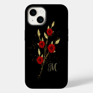 Chic faux Gold Glitter Leaves Red Rose monogram iPhone 14 Case