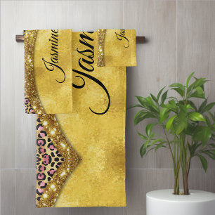 Chic faux gold glitter pink animal print Monogram Bath Towel Set