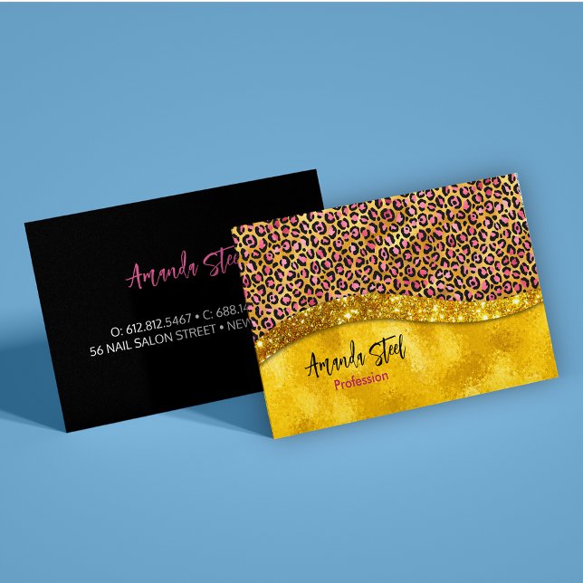 Chic faux gold glitter pink animal print Monogram Business Card (Creator Uploaded)