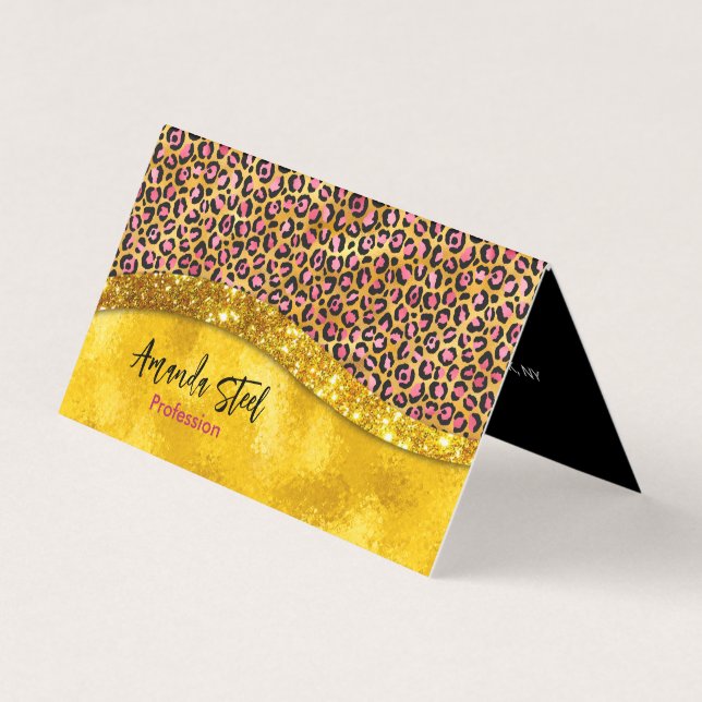 Chic faux gold glitter pink animal print Monogram Business Card (Front)