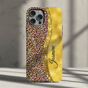 Chic faux gold glitter pink animal print Monogram iPhone 13 Case