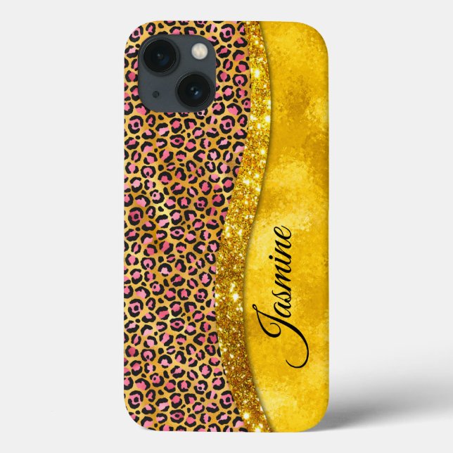 Chic faux gold glitter pink animal print Monogram Case-Mate iPhone Case (Back)