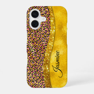 Chic faux gold glitter pink animal print Monogram iPhone 16 Case