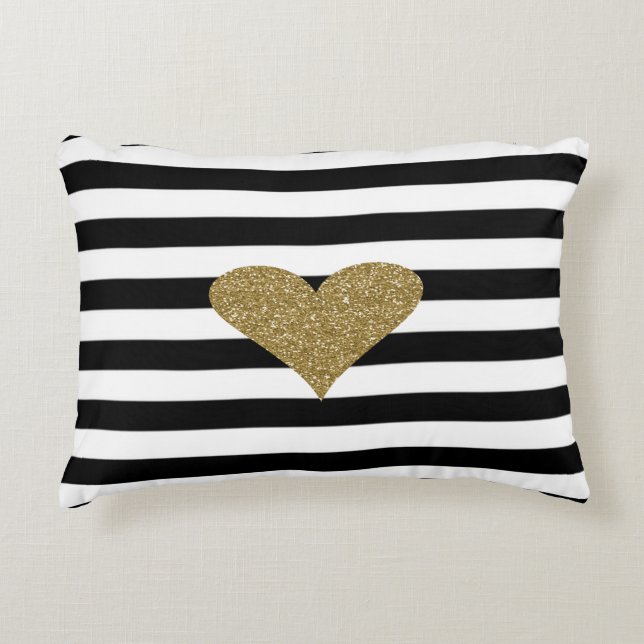 Chic Faux Gold Glittery  Heart Black White Stripes Decorative Cushion (Front)