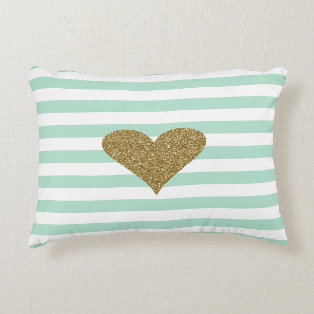 Chic Faux Gold Glittery  Heart Mint Green  Stripes Decorative Cushion (Front)