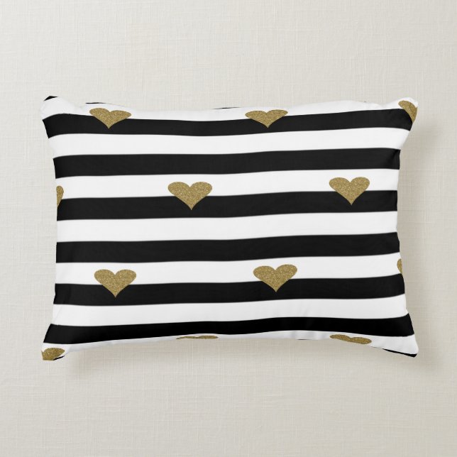 Chic Faux Gold Glittery Hearts Black White Stripes Decorative Cushion (Front)