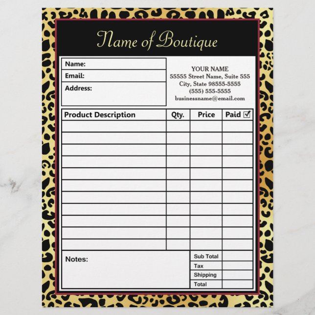 Chic FAUX Gold Leopard Print Boutique Order Form (Front)