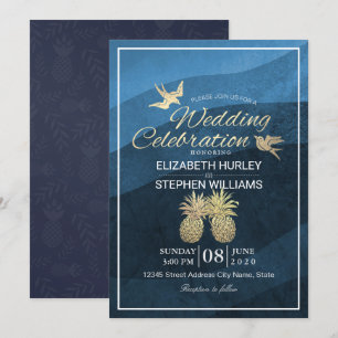 Chic Faux Gold Pineapple Couple Blue Wave Wedding  Invitation