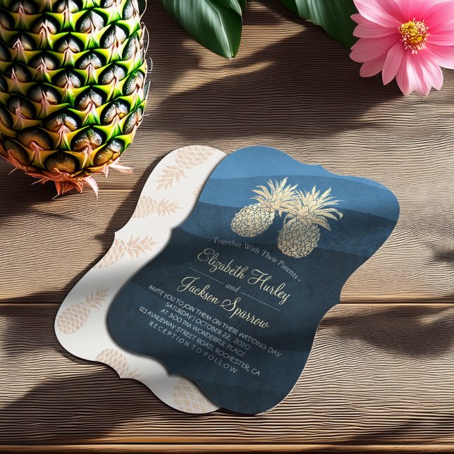 Chic Faux Gold Pineapple Couple Blue Wave Wedding Invitation (Creator Uploaded)