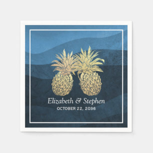 Chic Faux Gold Pineapple Couple Blue Wave Wedding Napkin