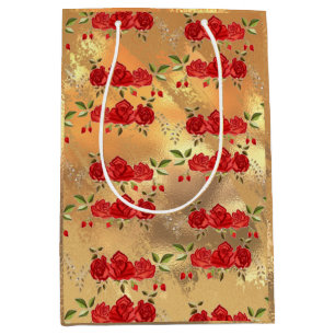 Chic Faux Gold Red Flowers Art Pattern Medium Gift Bag