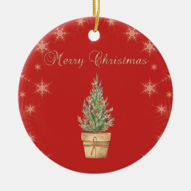 Chic Faux Gold Snowflakes,Christmas Tree Red  Ceramic Tree Decoration (Front)