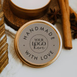 Chic Faux Kraft Business Logo Handmade With Love Classic Round Sticker<br><div class="desc">This chic faux kraft business logo handmade with love classic round sticker is perfect for a small business owner,  crafter or baker. The simple design features classic minimalist black typography on a faux kraft paper look background with rustic boho style. Personalise with your logo.</div>