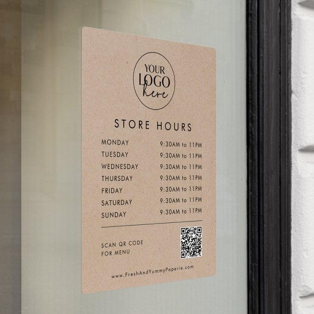 Chic Faux Kraft Business Logo QR Code Store Hours Window Cling (Creator Uploaded)
