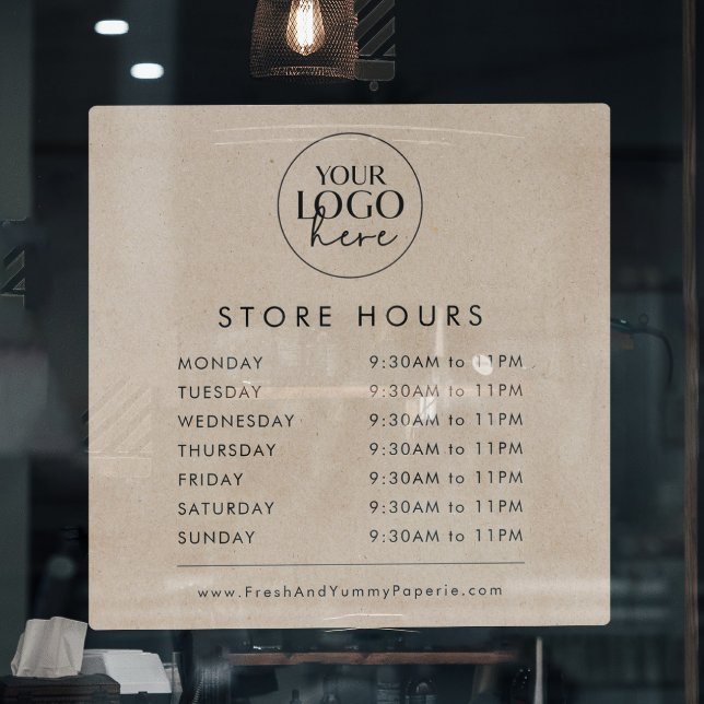 Chic Faux Kraft Business Logo Store Hours Window Cling (Creator Uploaded)
