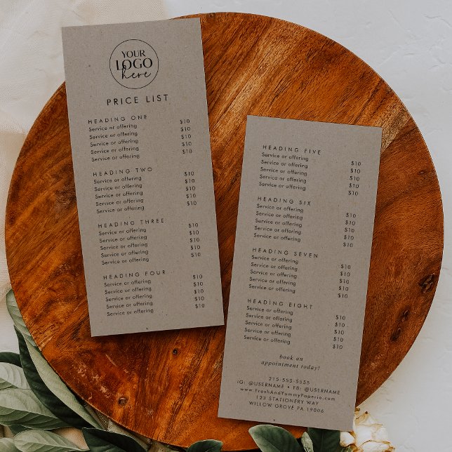 Chic Faux Kraft Logo Business Price List Rack Card (Creator Uploaded)