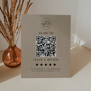 Chic Faux Kraft Logo QR Code Leave A Review Pedestal Sign