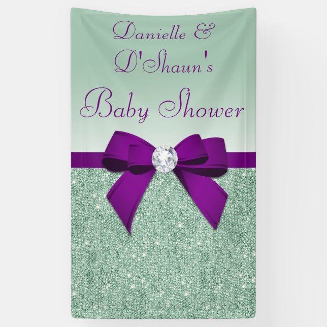 Chic Faux Mint Sequins Purple Bow Baby Shower Banner (Vertical)