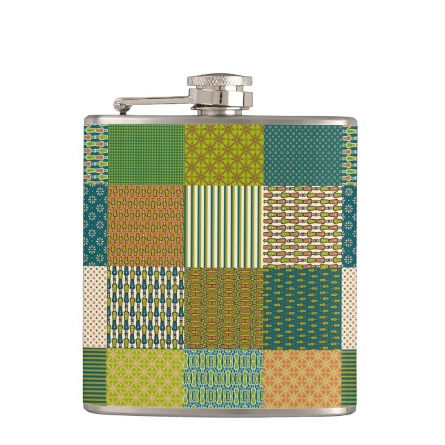 Chic Faux Patchwork, Earth Colors, Hip Flask (Front)