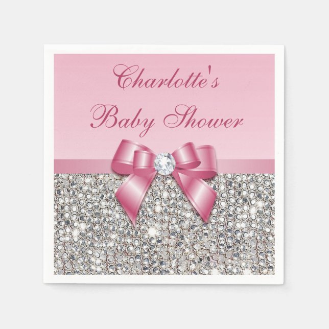 Chic Faux Pink Bow Silver Sequins Baby Shower Napkin (Front)