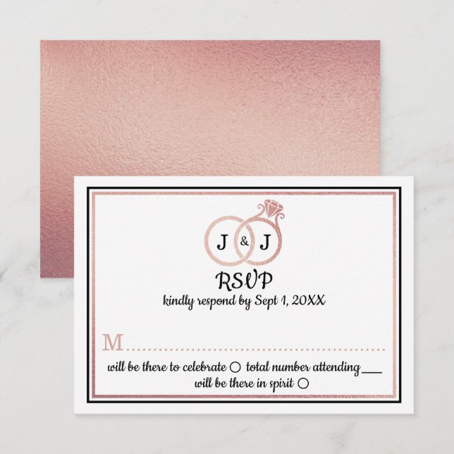 Chic Faux Rose Gold Foil Monogram Wedding Rings Invitation (Front/Back)