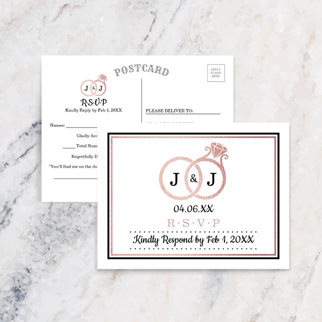 Chic Faux Rose Gold Foil Monogram Wedding Rings Invitation Postcard (Creator Uploaded)