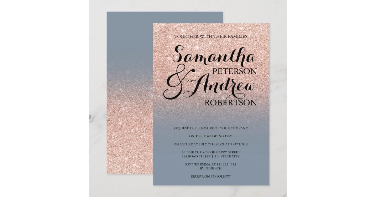 Chic faux rose gold glitter dusty blue wedding invitation | Zazzle
