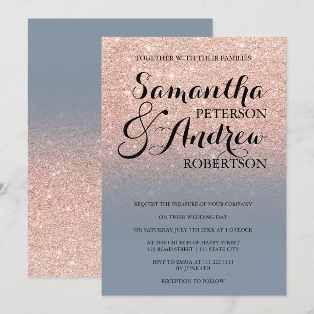 Chic faux rose gold glitter dusty blue wedding invitation (Front/Back)
