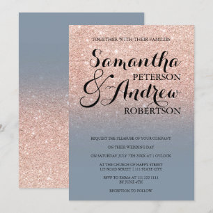 Chic faux rose gold glitter dusty blue wedding invitation