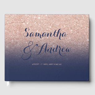 Chic faux rose gold glitter navy blue wedding guest book