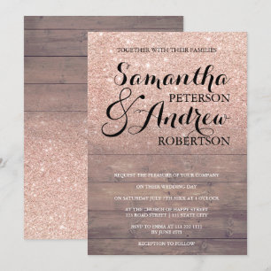 Chic faux rose gold glitter rustic wood wedding invitation