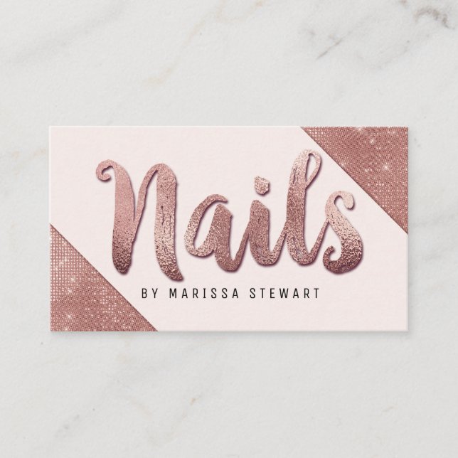 Chic Faux Rose Gold Glitter Sequin Nail Technician Business Card (Front)