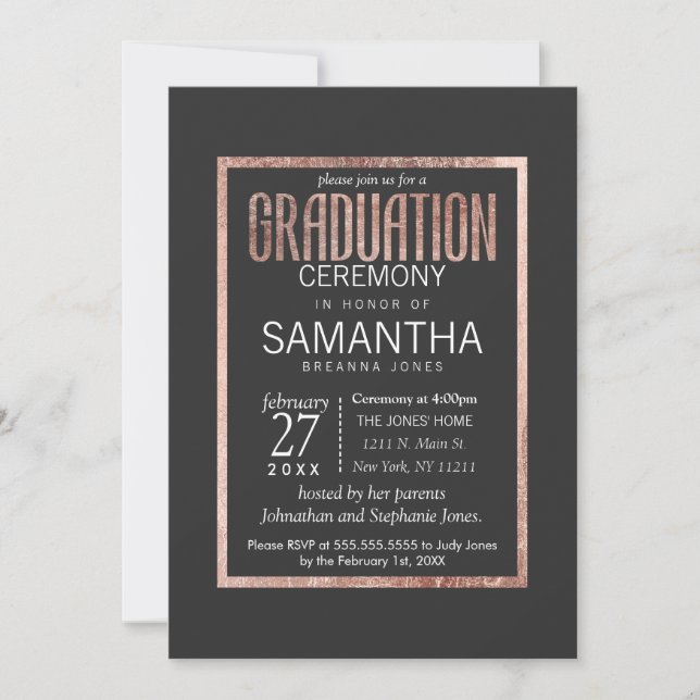Chic Faux Rose Gold Graduation Ceremony Invitation (Front)