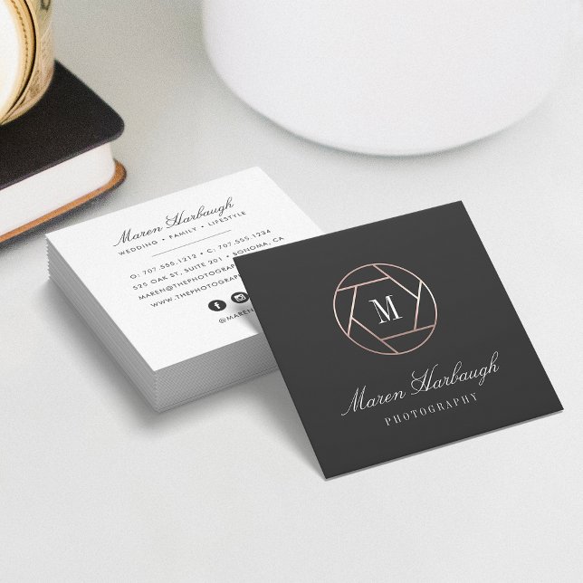 Chic Faux Rose Gold Photographer Monogram Logo Square Business Card (Creator Uploaded)