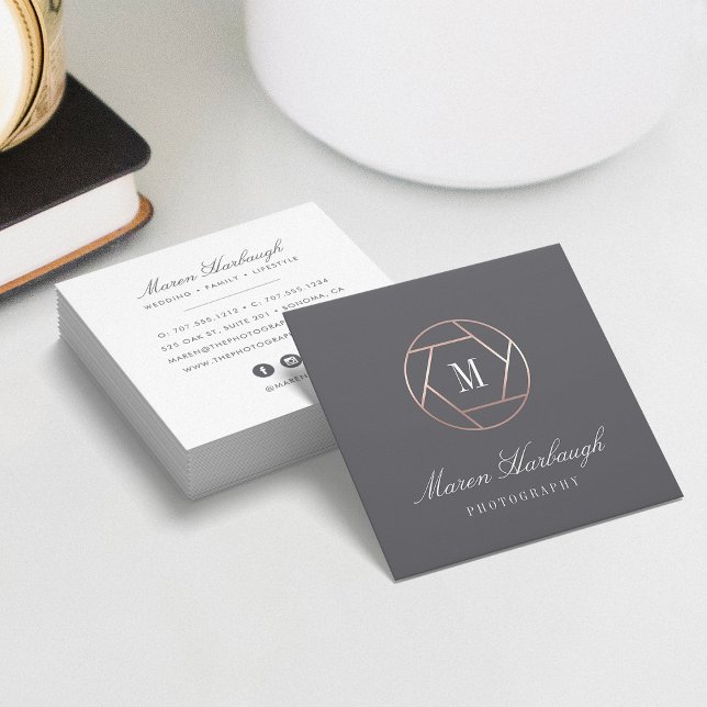 Chic Faux Rose Gold Photographer Monogram Logo Square Business Card (Creator Uploaded)