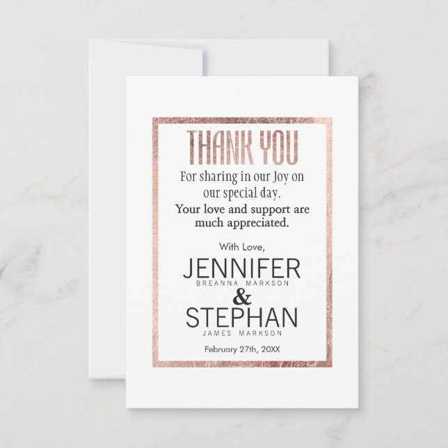 Chic Faux Rose Gold Thank You Cards (Front)