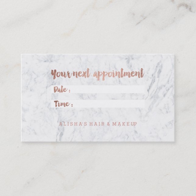 Chic faux rose gold typography marble appointment card (Front)
