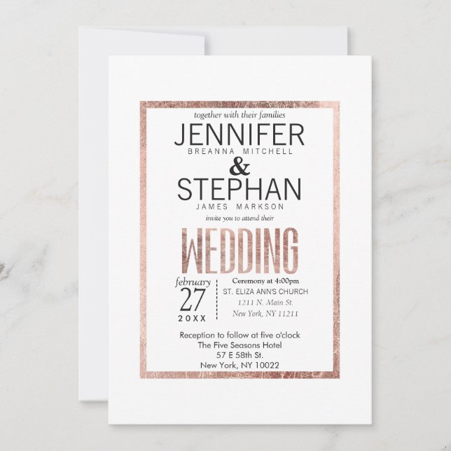Chic Faux Rose Gold Wedding Invitations (Front)