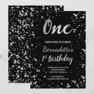 Chic faux silver confetti splatters first Birthday Invitation