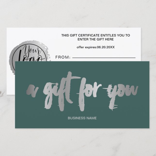 Chic faux silver foil green logo gift certificate (Front/Back)