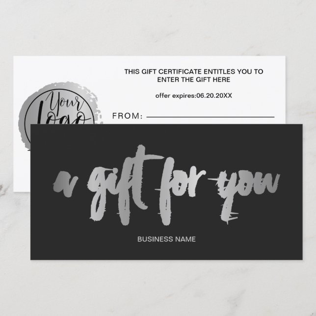 Chic faux silver foil  grey logo gift certificate (Front/Back)