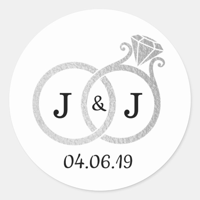 Chic Faux Silver Foil Monogram Wedding Rings Classic Round Sticker (Front)