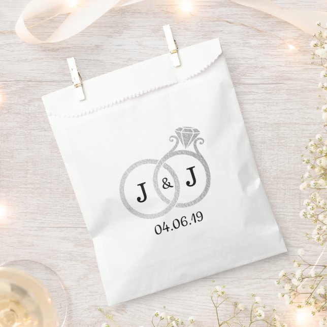 Chic Faux Silver Foil Monogram Wedding Rings Favour Bags (Clipped)