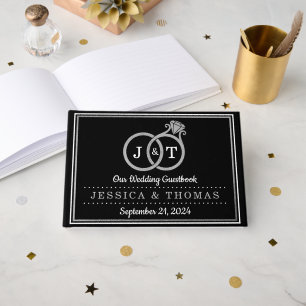 Chic Faux Silver Foil Monogram Wedding Rings Guest Book