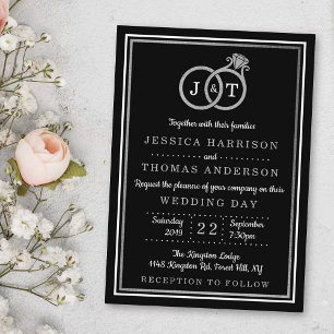 Chic Faux Silver Foil Monogram Wedding Rings Invitation