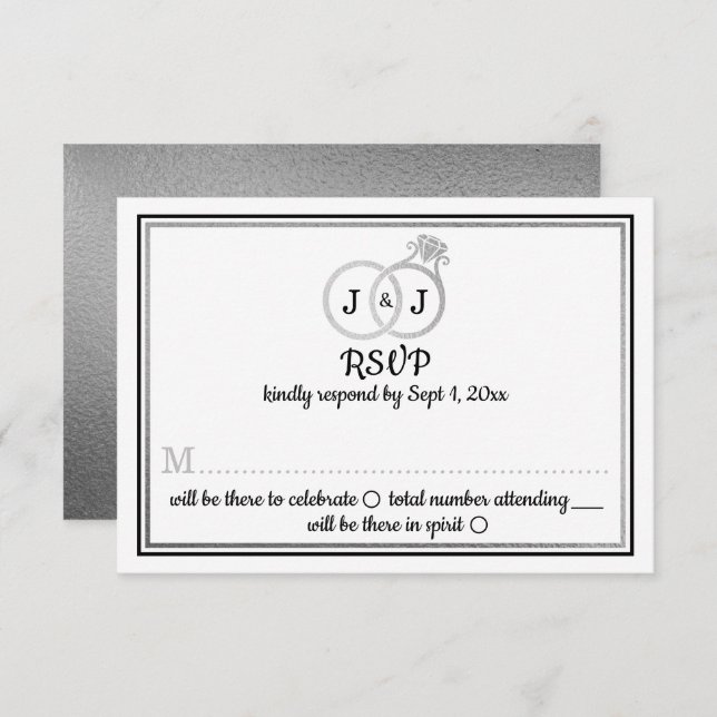 Chic Faux Silver Foil Monogram Wedding Rings Invitation (Front/Back)