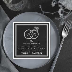 Chic Faux Silver Foil Monogram Wedding Rings Napkin