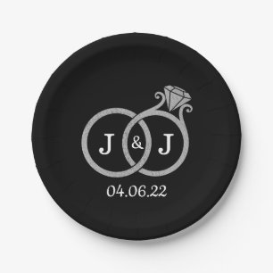 Chic Faux Silver Foil Monogram Wedding Rings Paper Plate